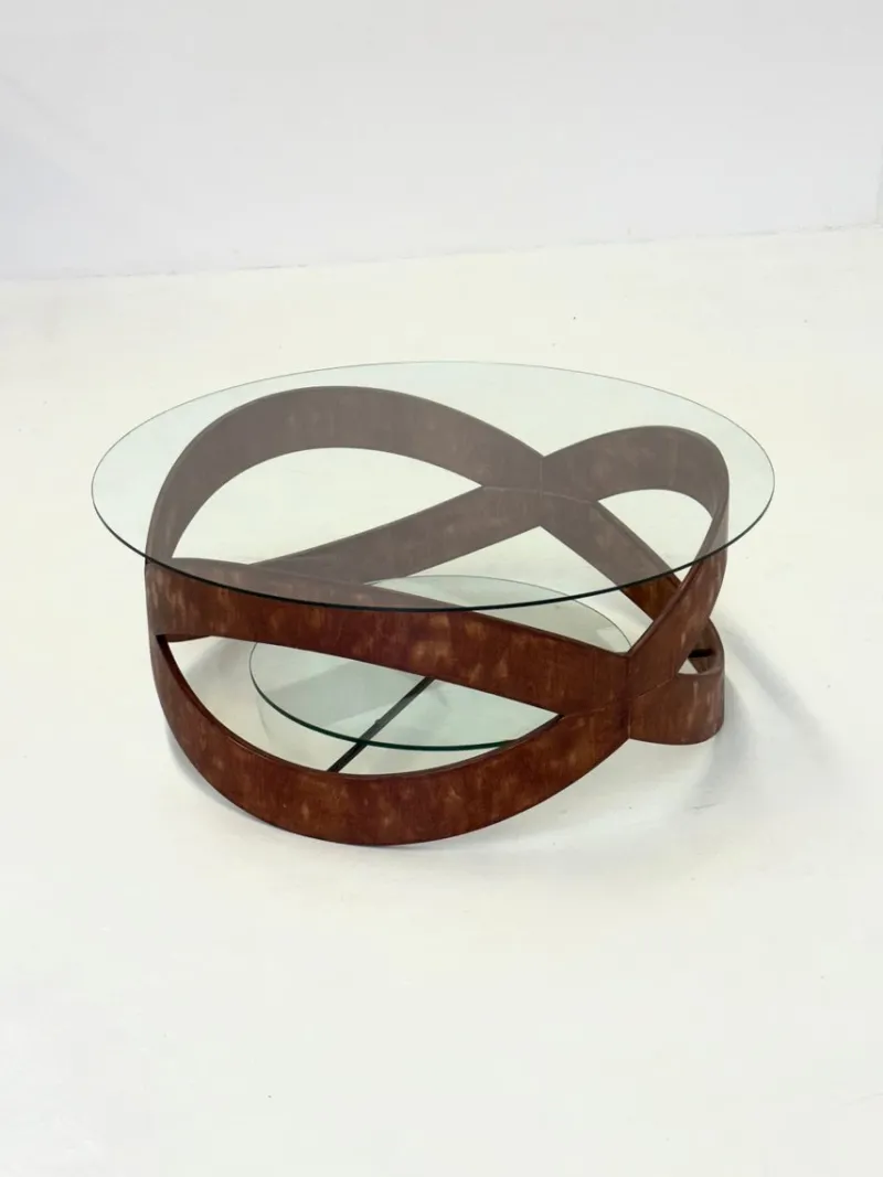 New Pamono Vintage Round Coffee Table with Sculptural Wooden Frame, 1970s