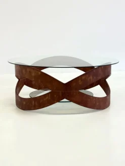 New Pamono Vintage Round Coffee Table with Sculptural Wooden Frame, 1970s