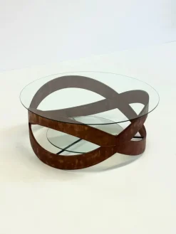 New Pamono Vintage Round Coffee Table with Sculptural Wooden Frame, 1970s