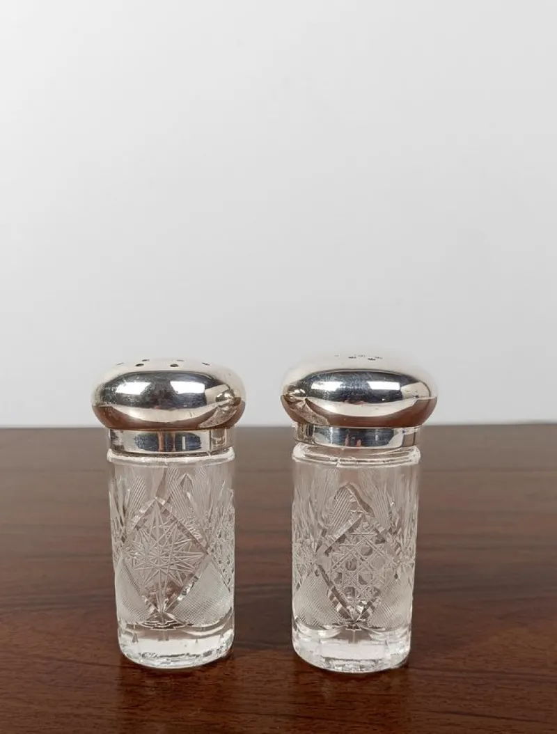 Pamono Vintage Salt and Pepper Cruet Set in Cut Crystal Glass and Silver Plated, 1960s, Set of 2> Salt & Pepper Shakers