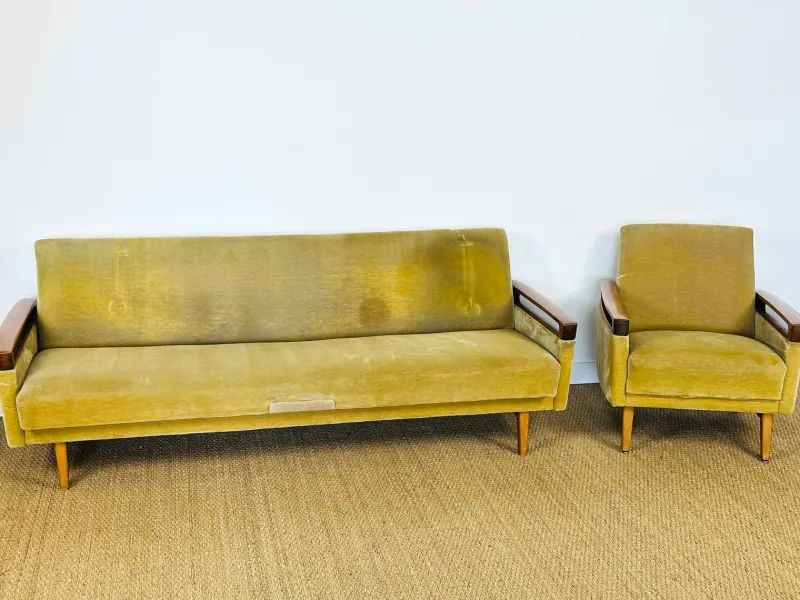 Sale Pamono Vintage Scandinavian Teak and Velvet Convertible Sofa and Armchair, 1960s, Set of 2