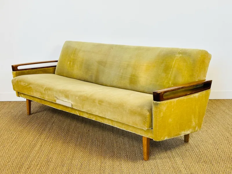 Sale Pamono Vintage Scandinavian Teak and Velvet Convertible Sofa and Armchair, 1960s, Set of 2