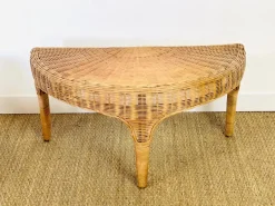 Pamono Vintage Sculptural Lotus Meditation Chair and Half-Moon Table in Rattan, 1970s, Set of 2><noscript><img width=