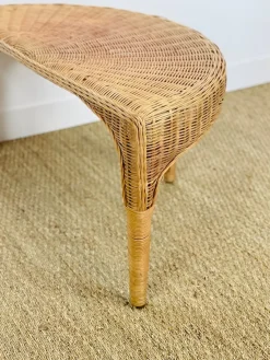 Pamono Vintage Sculptural Lotus Meditation Chair and Half-Moon Table in Rattan, 1970s, Set of 2><noscript><img width=