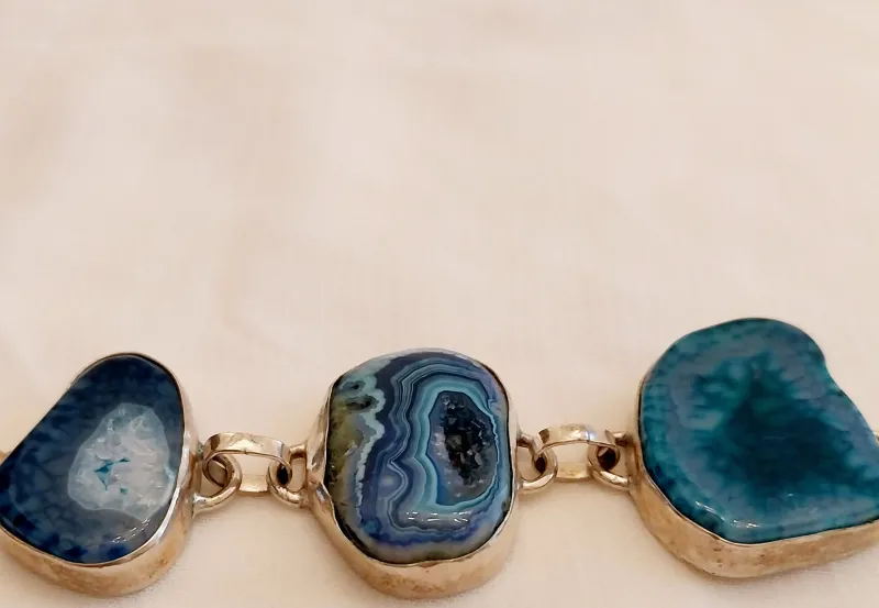 Pamono Vintage Silver Bracelet with Blue Agate Stones, 1970s> Bracelets