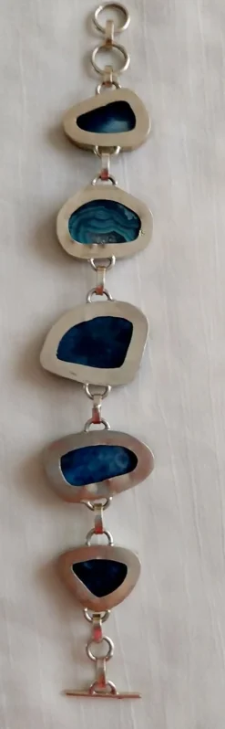 Pamono Vintage Silver Bracelet with Blue Agate Stones, 1970s><noscript><img width=