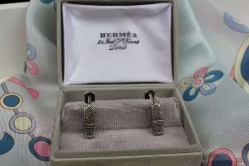 Hot Pamono Vintage Silver Cufflinks in Original Box from Hermes