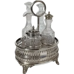 Pamono Vintage Silver-Plated Cruet Set with Cut and Beveled Crystal Glass Bottles, 1950s, Set of 5