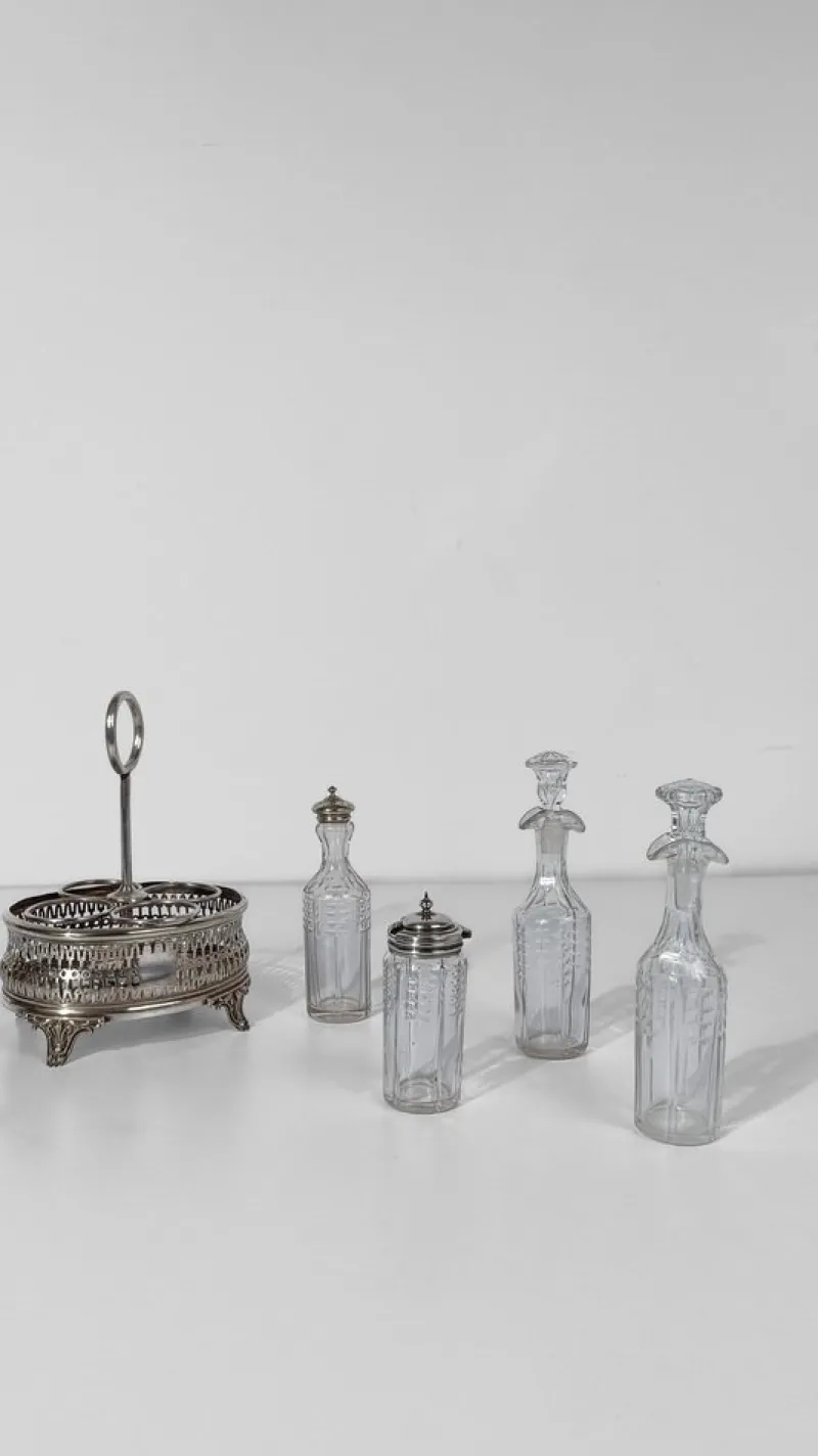 Pamono Vintage Silver-Plated Cruet Set with Cut and Beveled Crystal Glass Bottles, 1950s, Set of 5