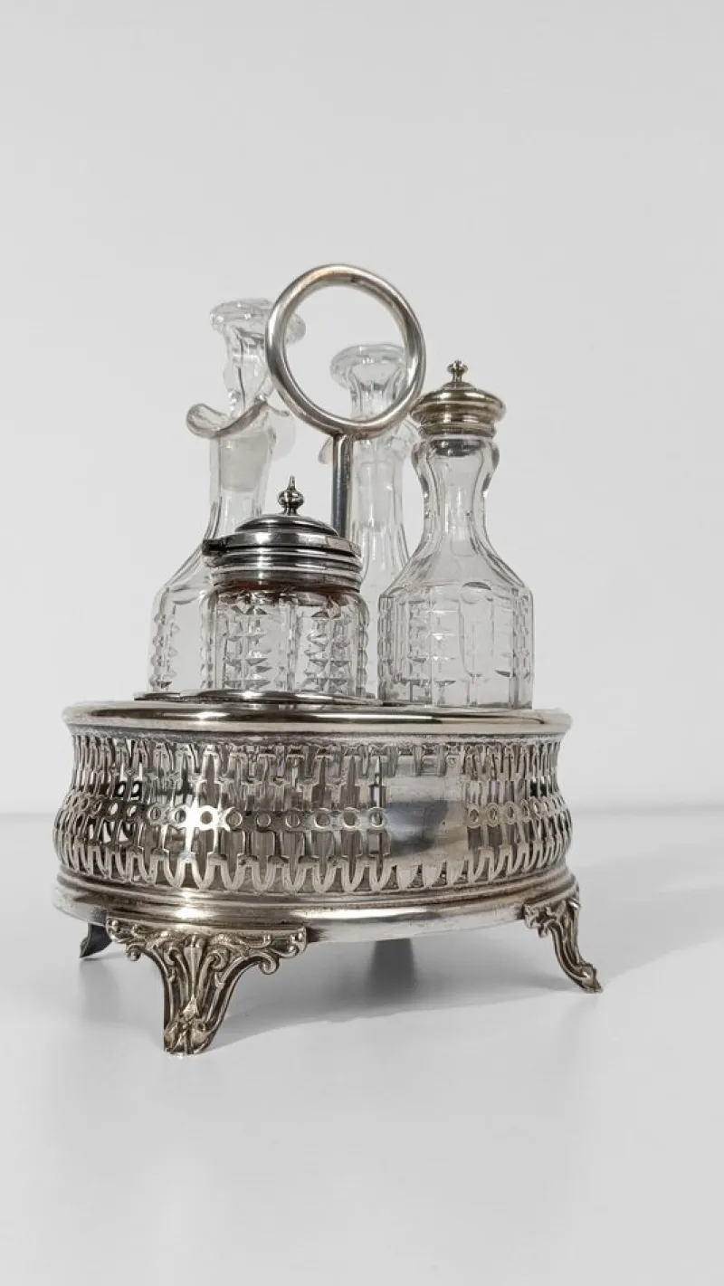Pamono Vintage Silver-Plated Cruet Set with Cut and Beveled Crystal Glass Bottles, 1950s, Set of 5