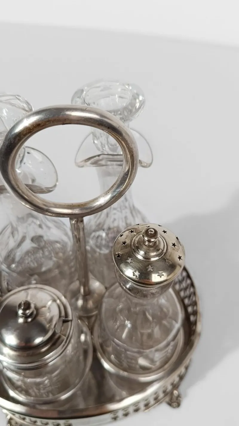 Pamono Vintage Silver-Plated Cruet Set with Cut and Beveled Crystal Glass Bottles, 1950s, Set of 5