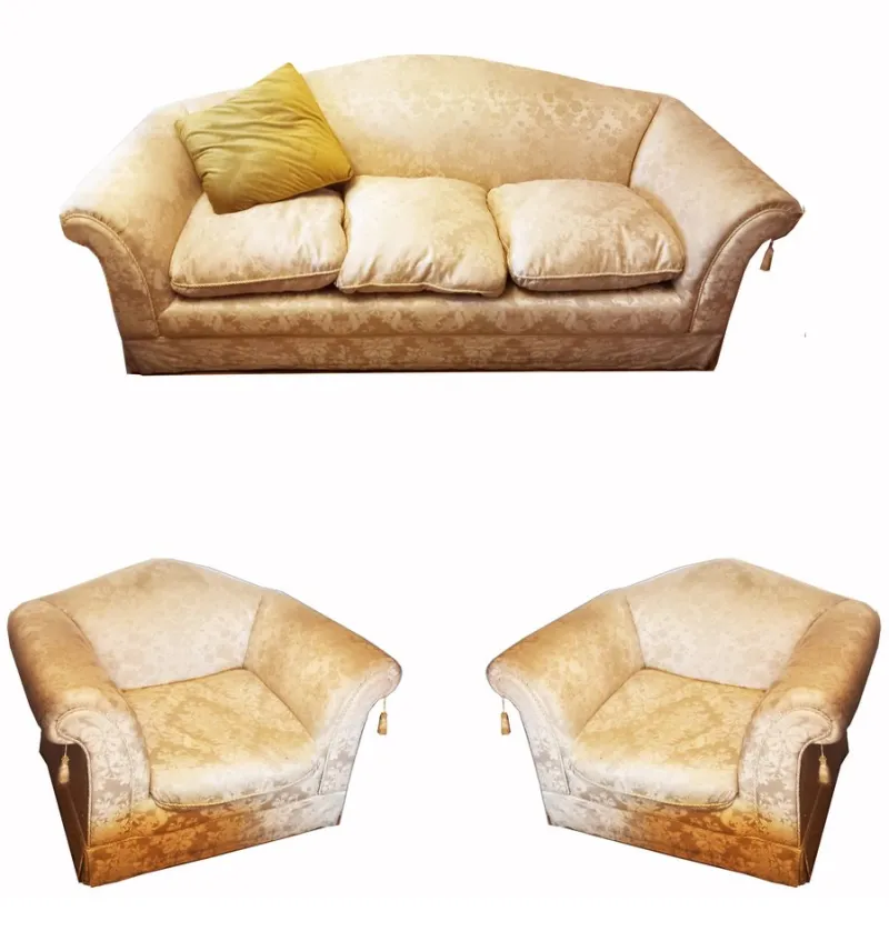 Pamono Vintage Sofa and Armchairs with Down and Damask Fabric, 1970s, Set of 3> Living Room Sets