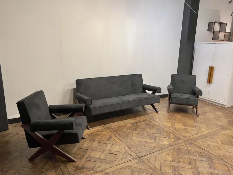 Pamono Vintage Sofa and Armchairs by Pierre Jeanneret, 1956, Set of 3