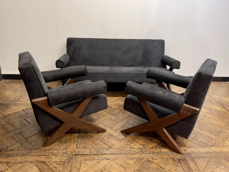 Pamono Vintage Sofa and Armchairs by Pierre Jeanneret, 1956, Set of 3