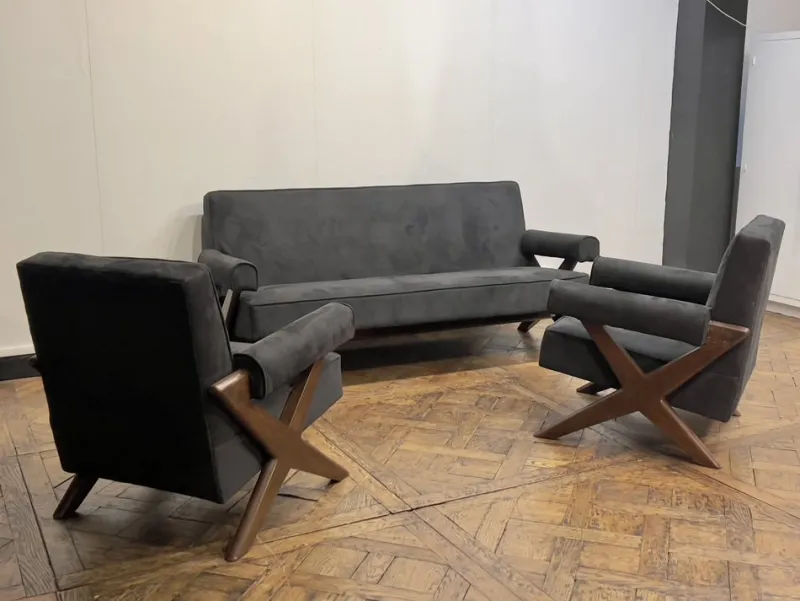 Pamono Vintage Sofa and Armchairs by Pierre Jeanneret, 1956, Set of 3