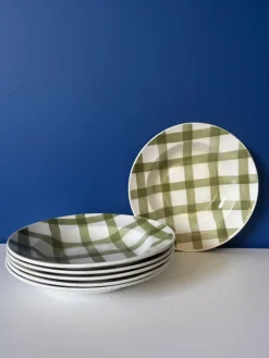 Pamono Vintage Square Green Earthenware Tablecloth Soup Plates from Moulin des Loups, Set of 6> Dinner Plates & Bowls
