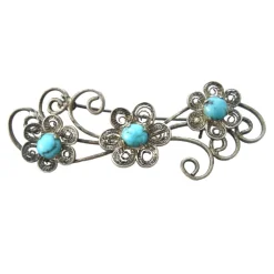 Pamono Vintage Sterling Silver & Turquoise Cabochons Brooch, 1960s> Brooches