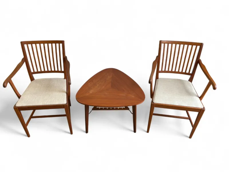 Sale Pamono Vintage Swedish Chairs and Triangular Coffee Table by Carl Malmsten for Bodafors, 1950s, Set of 3
