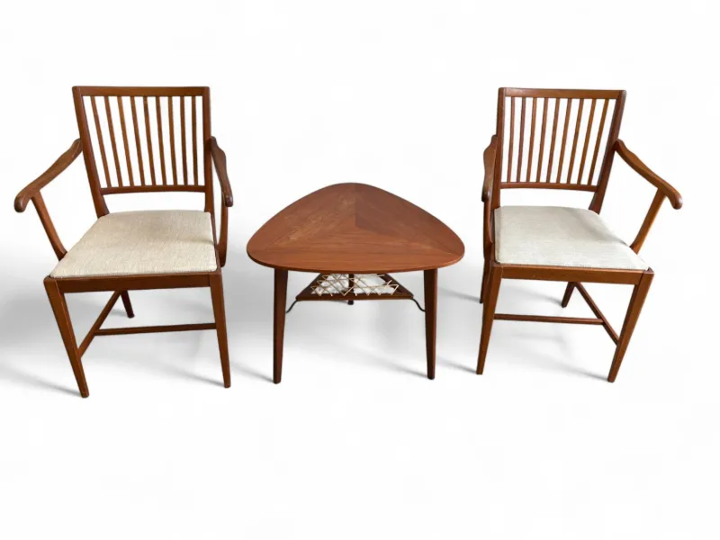 Sale Pamono Vintage Swedish Chairs and Triangular Coffee Table by Carl Malmsten for Bodafors, 1950s, Set of 3