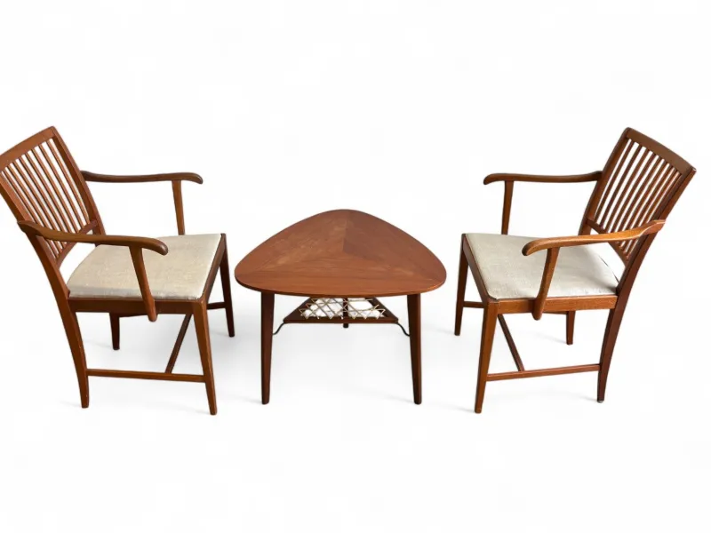 Sale Pamono Vintage Swedish Chairs and Triangular Coffee Table by Carl Malmsten for Bodafors, 1950s, Set of 3