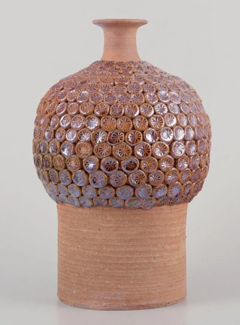 Clearance Pamono Vintage Swedish Clay Vase with Flower Buds in Relief from Rolf Fagerberg, 1970s