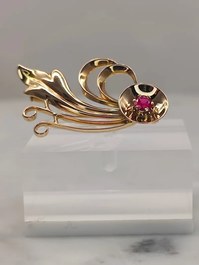 Pamono Vintage Synthetic Ruby Gold Brooch by Eino Westerback> Brooches