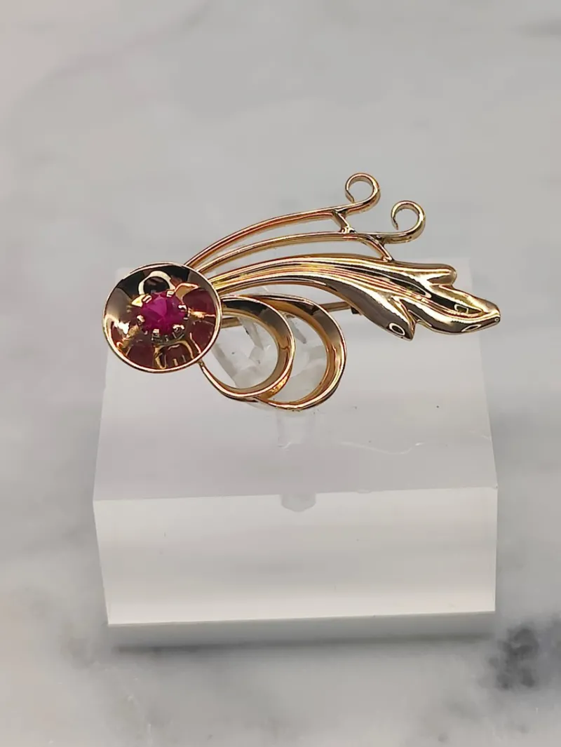 Pamono Vintage Synthetic Ruby Gold Brooch by Eino Westerback> Brooches