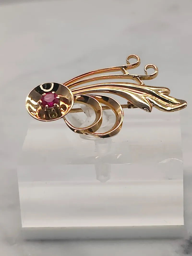 Pamono Vintage Synthetic Ruby Gold Brooch by Eino Westerback> Brooches