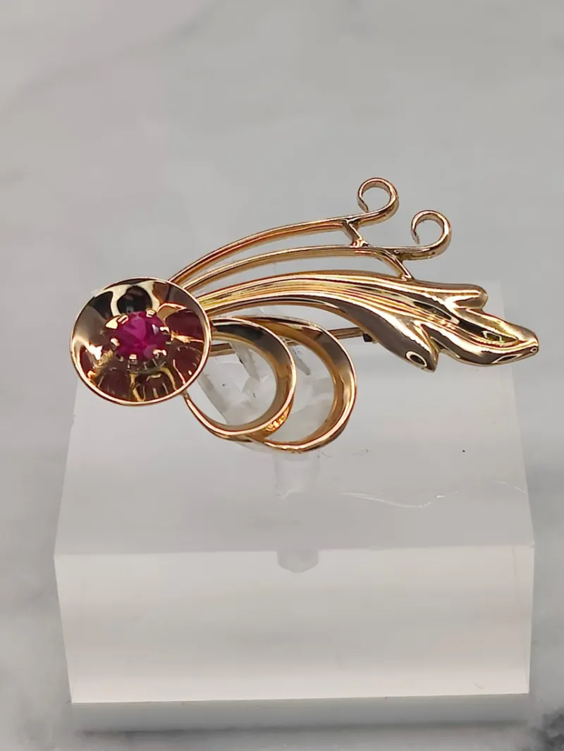 Pamono Vintage Synthetic Ruby Gold Brooch by Eino Westerback> Brooches