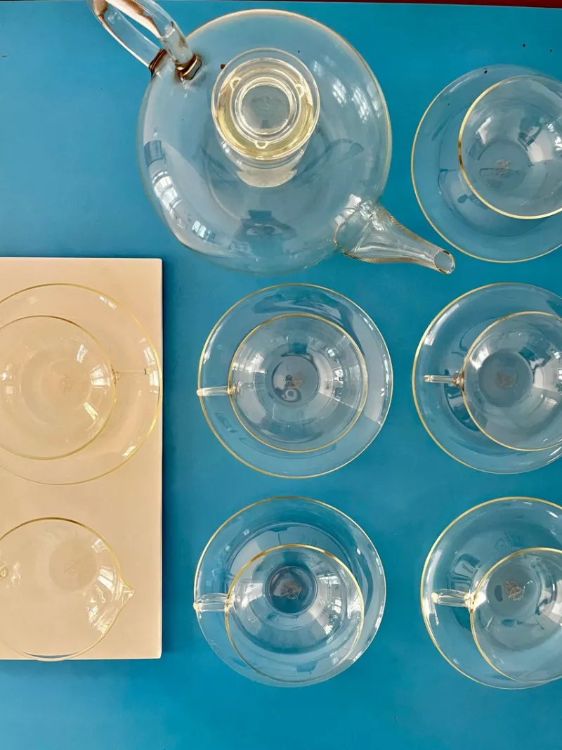 Online Pamono Vintage Tea Service in Borosilicate Glass by Wilhelm Wagenfeld for Jenaer, Germany, 1950s, Set of 14