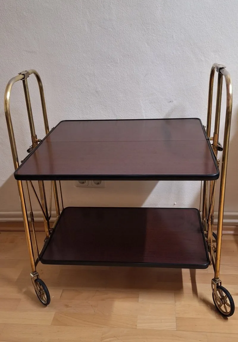 Pamono Vintage Tea Trolley with Metal Frame with Wheels and Formica Floors with Mahogany Veneer on the Back, 1970s> Serving Bar Carts & Trolleys