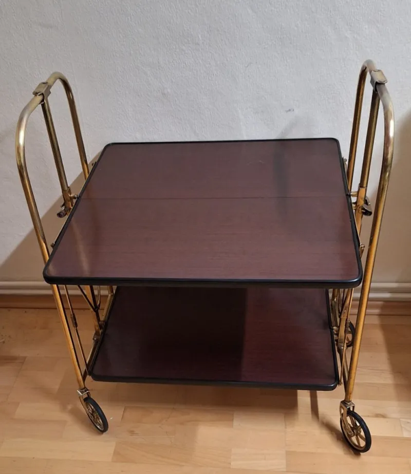 Pamono Vintage Tea Trolley with Metal Frame with Wheels and Formica Floors with Mahogany Veneer on the Back, 1970s> Serving Bar Carts & Trolleys