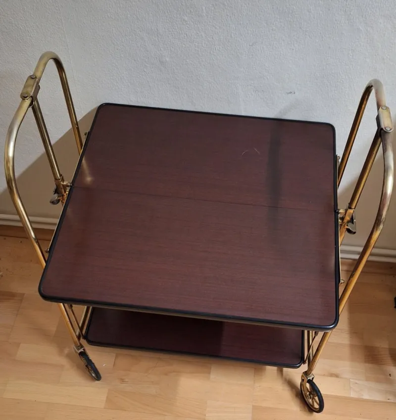 Pamono Vintage Tea Trolley with Metal Frame with Wheels and Formica Floors with Mahogany Veneer on the Back, 1970s> Serving Bar Carts & Trolleys