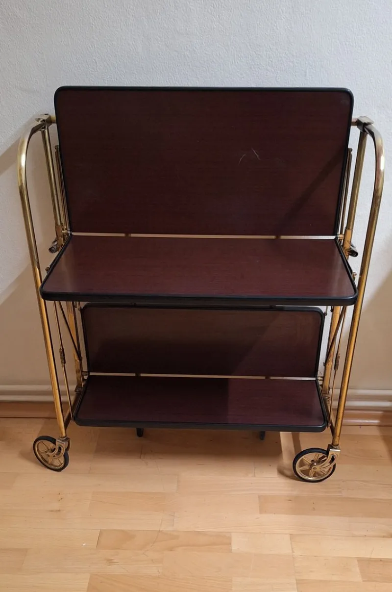 Pamono Vintage Tea Trolley with Metal Frame with Wheels and Formica Floors with Mahogany Veneer on the Back, 1970s> Serving Bar Carts & Trolleys