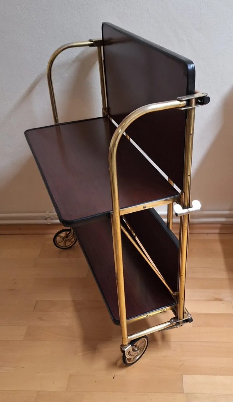Pamono Vintage Tea Trolley with Metal Frame with Wheels and Formica Floors with Mahogany Veneer on the Back, 1970s> Serving Bar Carts & Trolleys