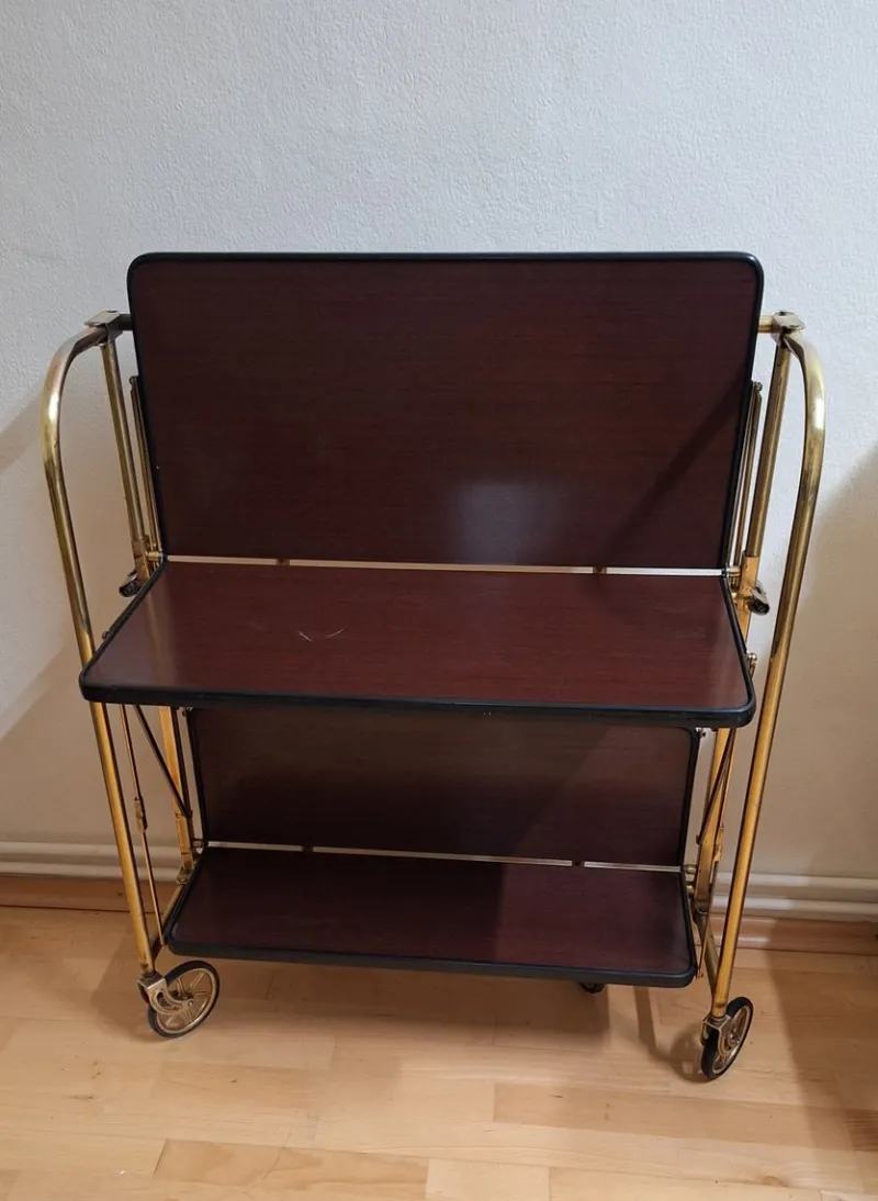 Pamono Vintage Tea Trolley with Metal Frame with Wheels and Formica Floors with Mahogany Veneer on the Back, 1970s> Serving Bar Carts & Trolleys