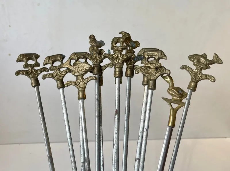 Hot Pamono Vintage Turkish Shish Kebab Skewers With Brass Animal Ornaments, Set of 12