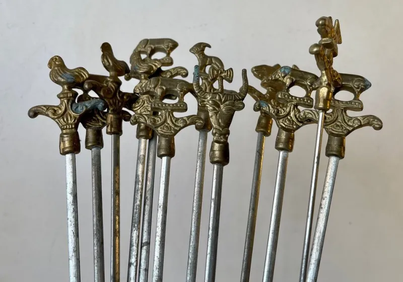Hot Pamono Vintage Turkish Shish Kebab Skewers With Brass Animal Ornaments, Set of 12