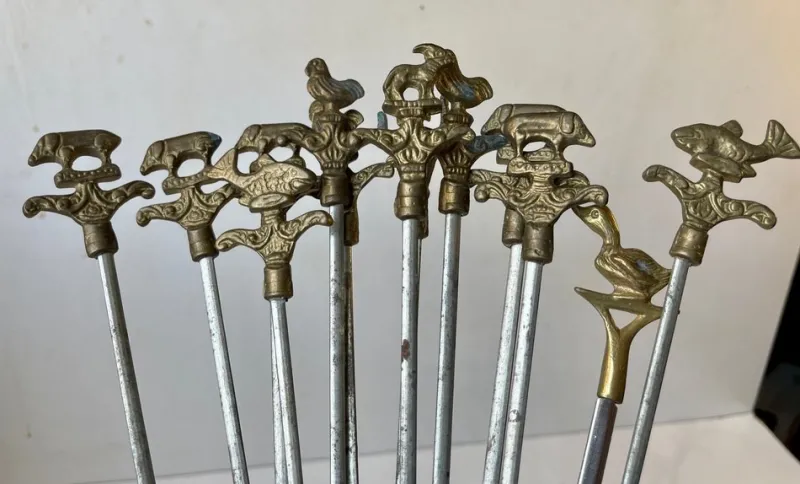 Hot Pamono Vintage Turkish Shish Kebab Skewers With Brass Animal Ornaments, Set of 12