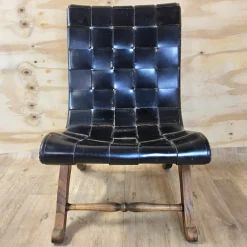 Pamono Vintage Valenti Slipper Chair in Woven Leather by Pierre Lottier for Valenti Luce, Spain, 1950s><noscript><img width=