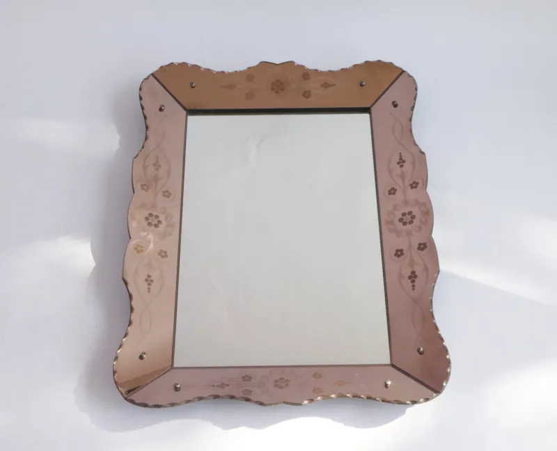 Pamono Vintage Venetian Rectangular Rose Wall Mirror with Floral Details and Cut Glass, Italy, 1960s> Mirrors
