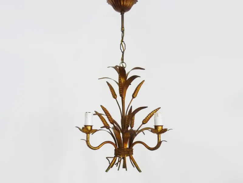Pamono Vintage Wheat Ear Chandelier in Gilt Metal from Masca, 1970s> Ceiling Lights