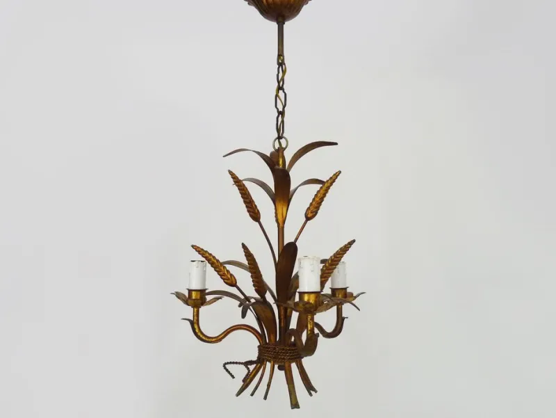 Pamono Vintage Wheat Ear Chandelier in Gilt Metal from Masca, 1970s> Ceiling Lights