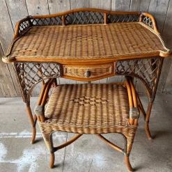 Pamono Vintage Wicker Dressing Table with Matching Stool, Set of 2