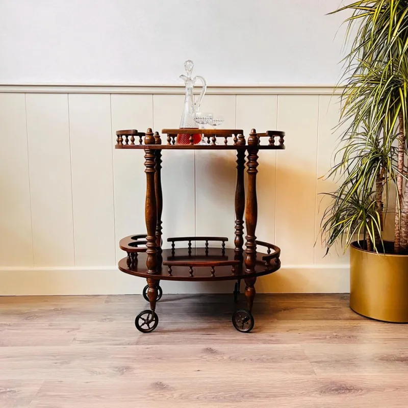 Pamono Vintage Wooden Carved Serving Trolley on Wheels, 1960s> Serving Bar Carts & Trolleys