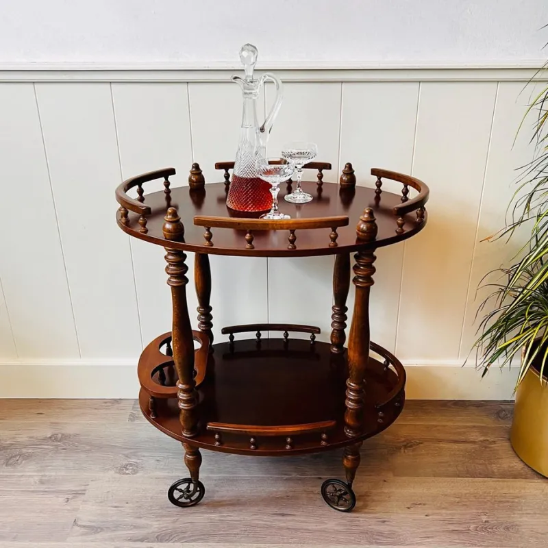 Pamono Vintage Wooden Carved Serving Trolley on Wheels, 1960s> Serving Bar Carts & Trolleys