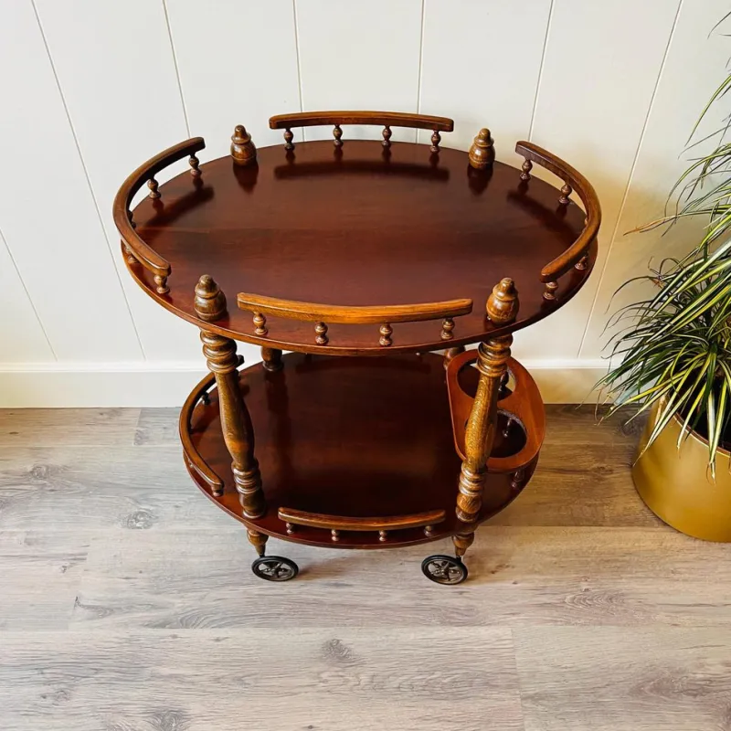Pamono Vintage Wooden Carved Serving Trolley on Wheels, 1960s> Serving Bar Carts & Trolleys