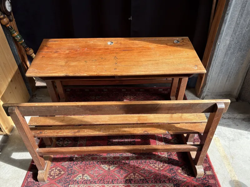 Pamono Vintage Wooden School Desk with Built-in Bench, 1950s> Desks