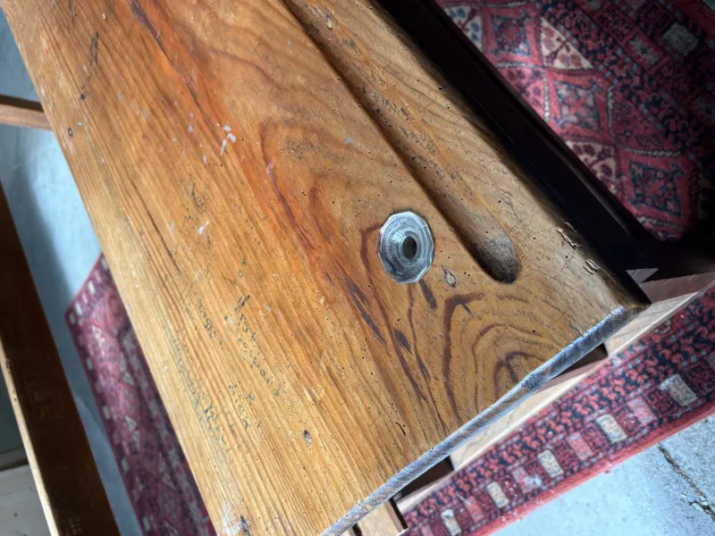 Pamono Vintage Wooden School Desk with Built-in Bench, 1950s> Desks
