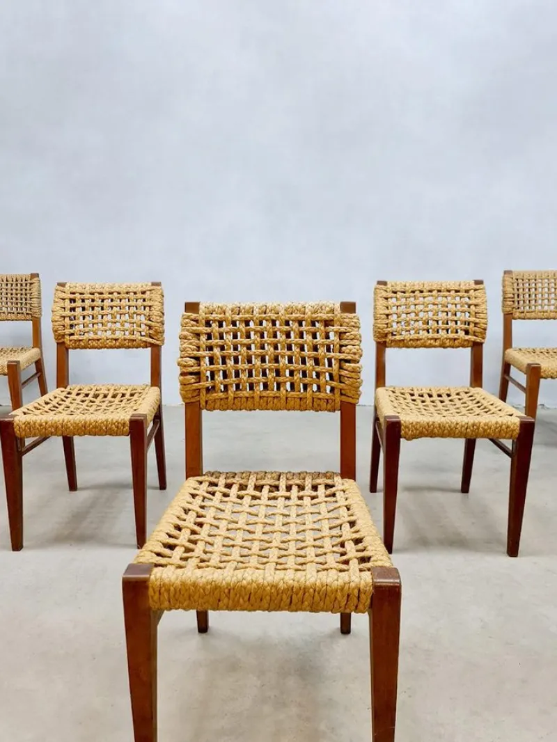 Pamono Vintage Woven Rope Dining Chairs by Adrien Audoux & Frida Minet, 1940s, Set of 6> Side Chairs & Dining Chairs